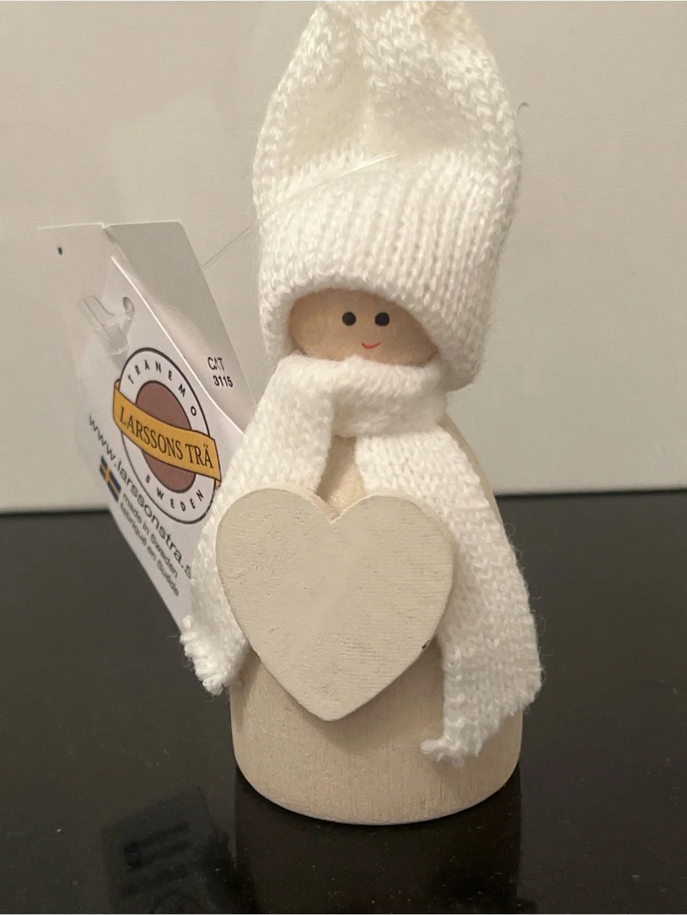 Larssons Tra White Gnome with White Heart Scandinavian Tomte Wood Figurine 3.5”